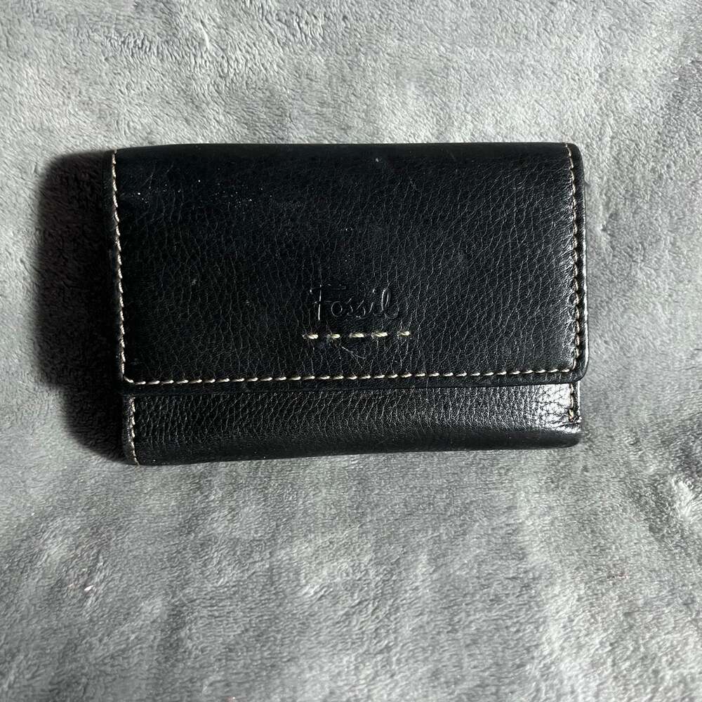 Fossil Black Pebbled Leather Pop Stitch Trifold Wallet Compact Coin Purse